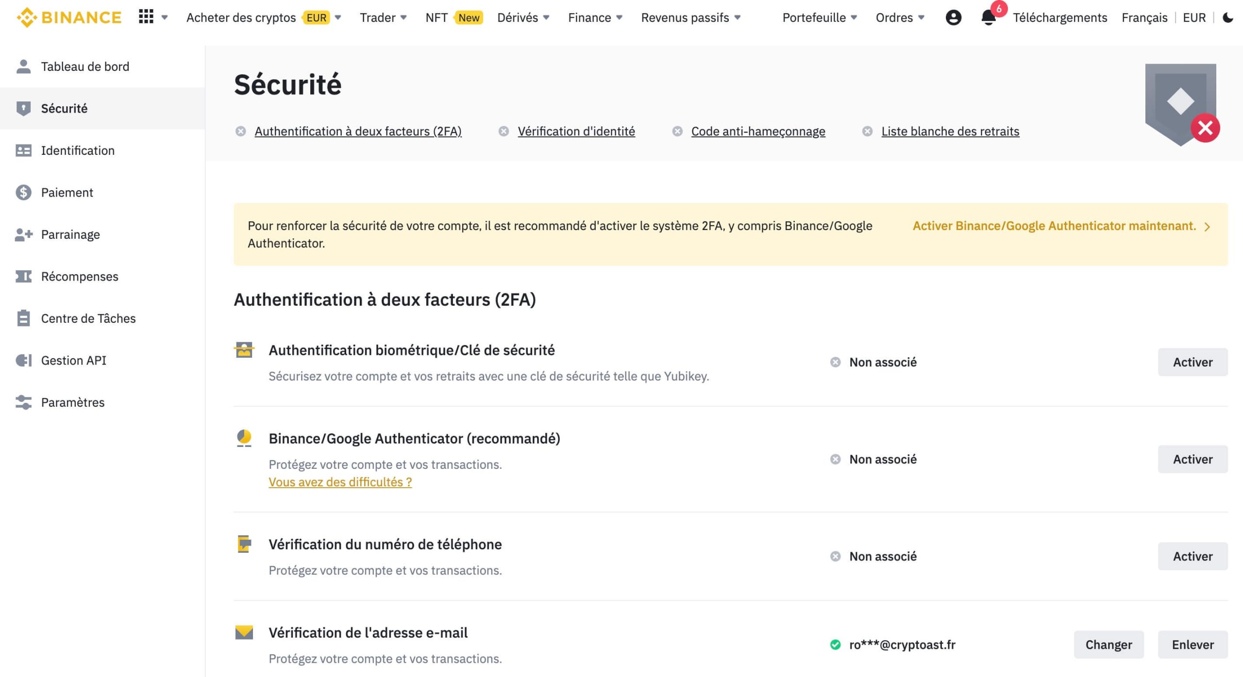 Activer 2FA Binance