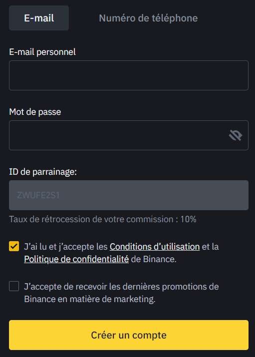 Inscription Binance Mail