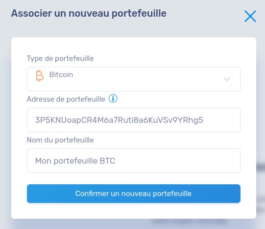 Adresse portefeuille Bitcoin sur la plateforme d'échange et d'achats de crypto-monnaies Coinhouse
