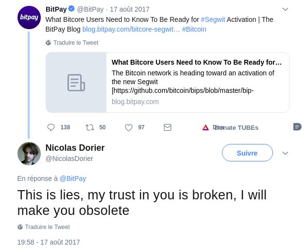 tweet du créateur de btcpay server (Nicolas Dorier