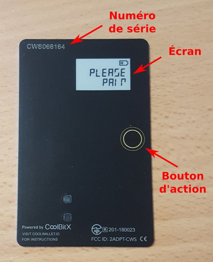 CoolBitX CoolWallet S schéma numéro de série écran bouton