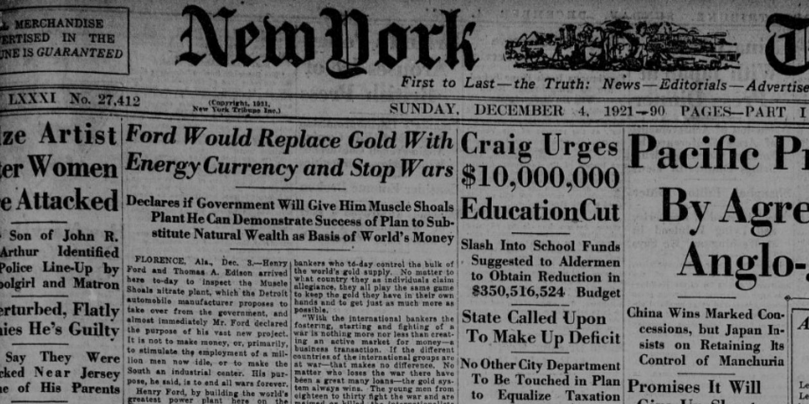 Une du NY Tribune du 4 décembre 1921 à propos de la monnaie énergie de Ford