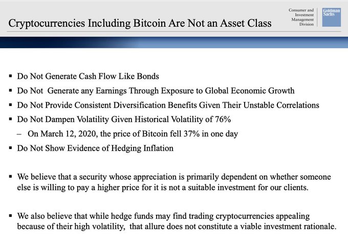 Goldman Sachs critiques Bitcoin