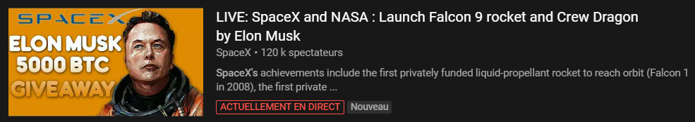 Fausse chaîne YouTube de Space X