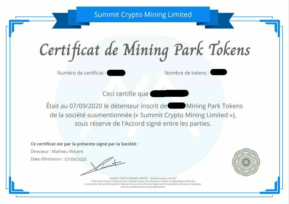 certificat mining park tokens summit mining