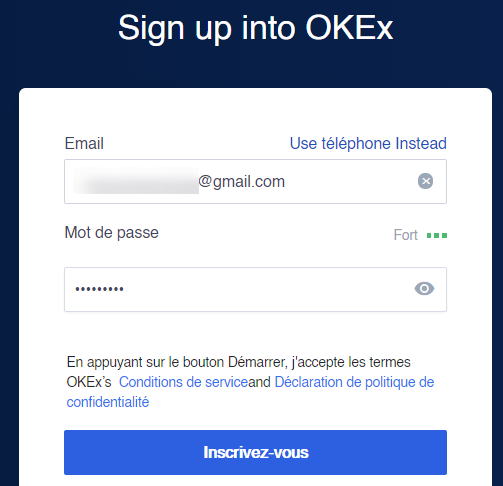 Page d'inscription à OKEx