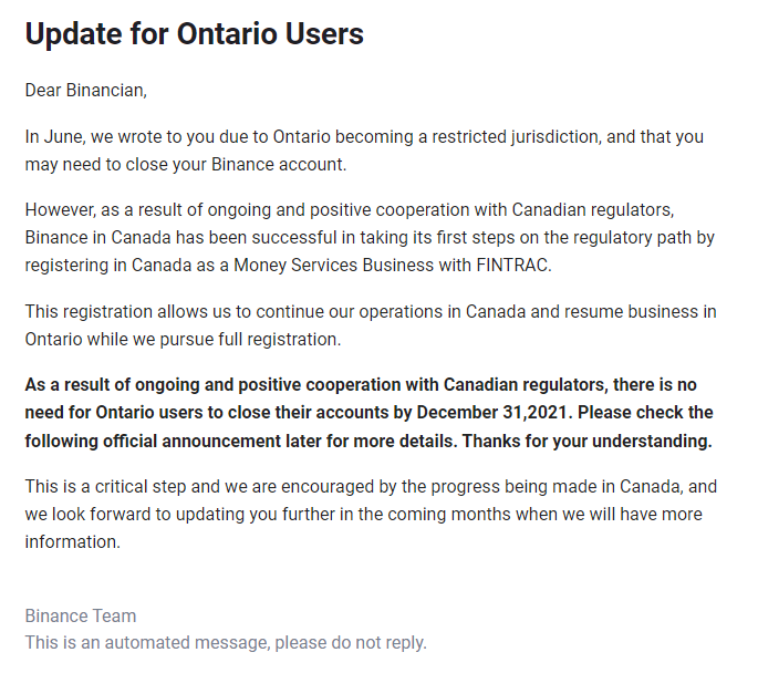 Message binance utilisateurs Ontario