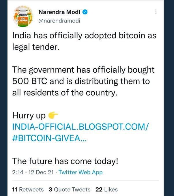 Premier ministre indien Bitcoin arnaque Twitter