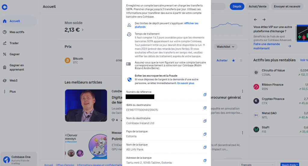 déposer fonds coinbase