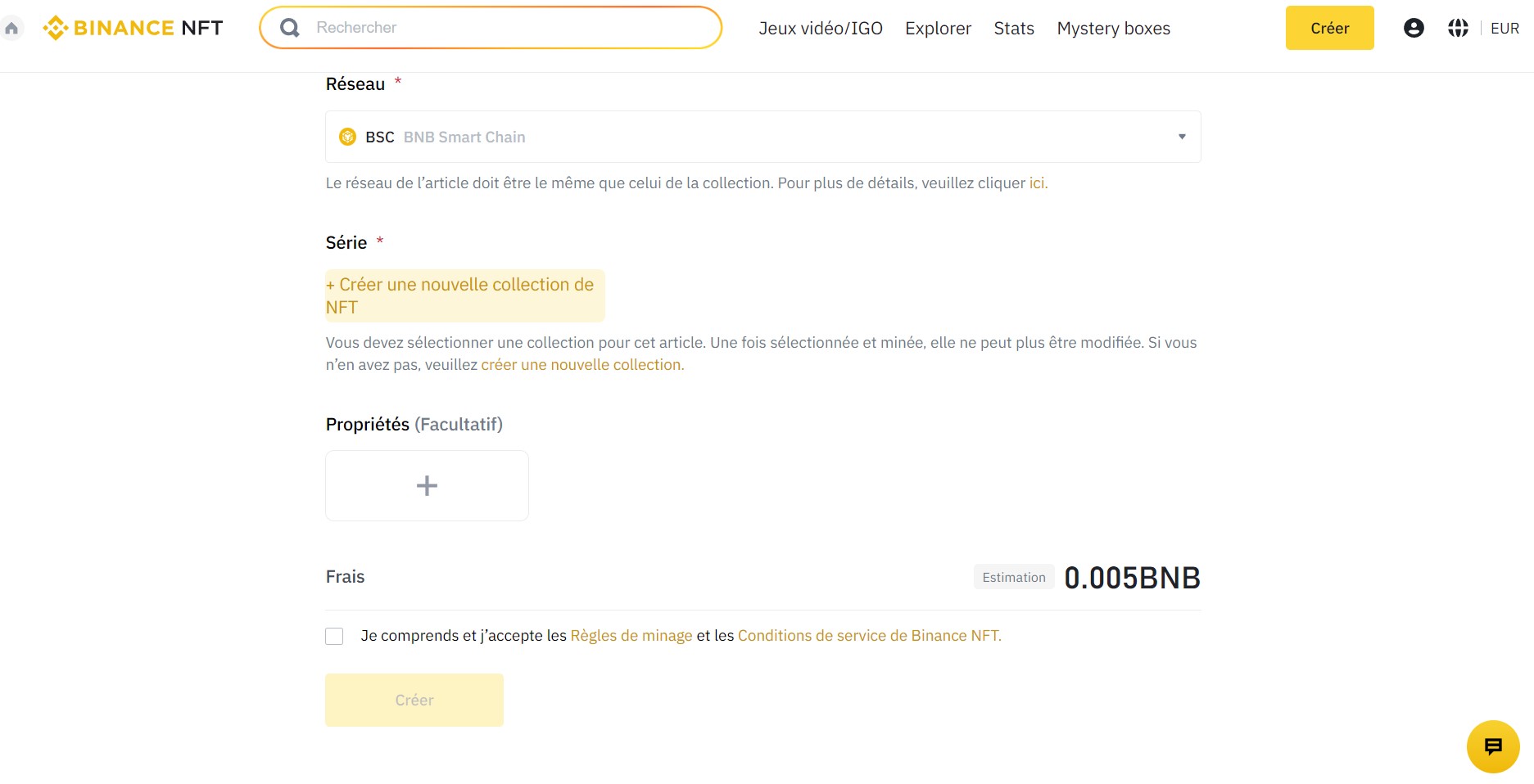 Paramètres création NFT Binance