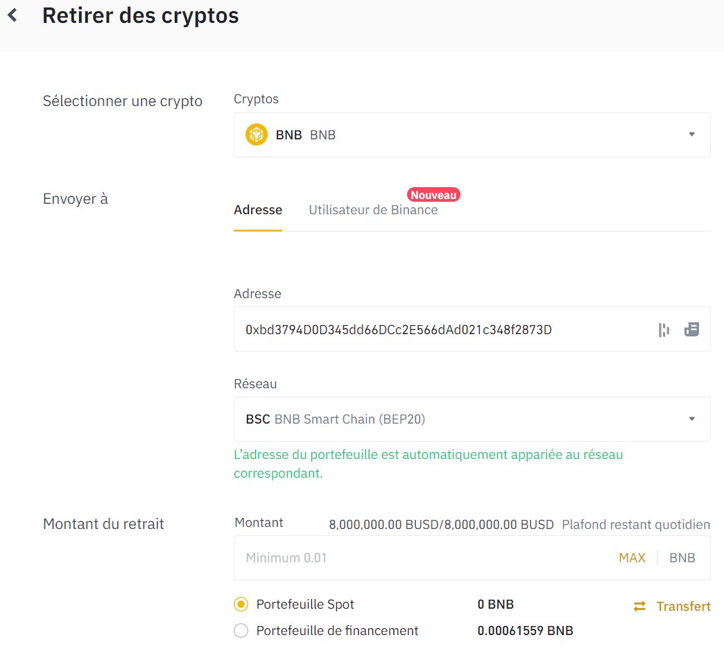 Retirer des BNB depuis Binance