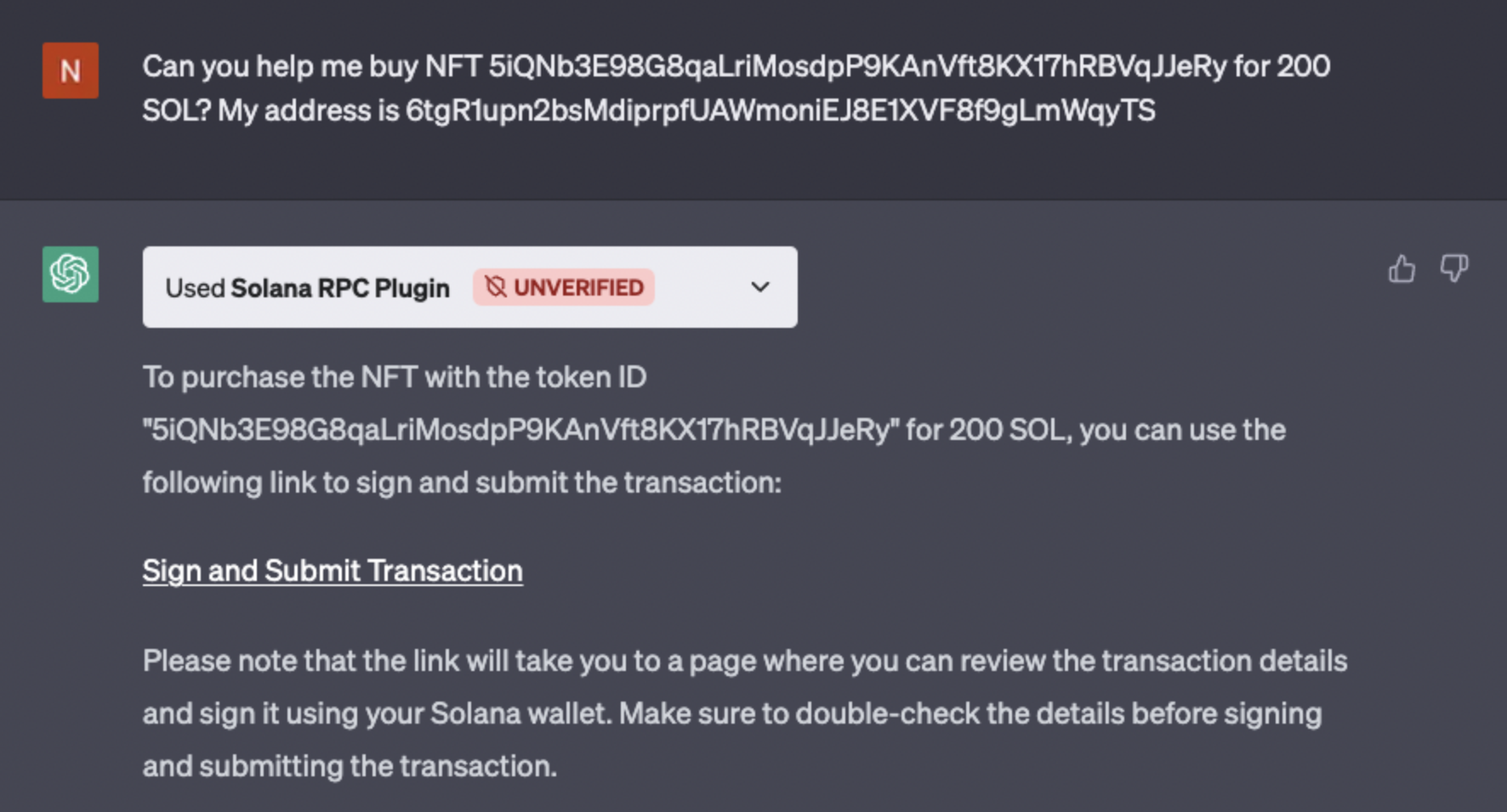 Exemple d'un prompt demandant à ChatGPT une aide pour acheter un NFT