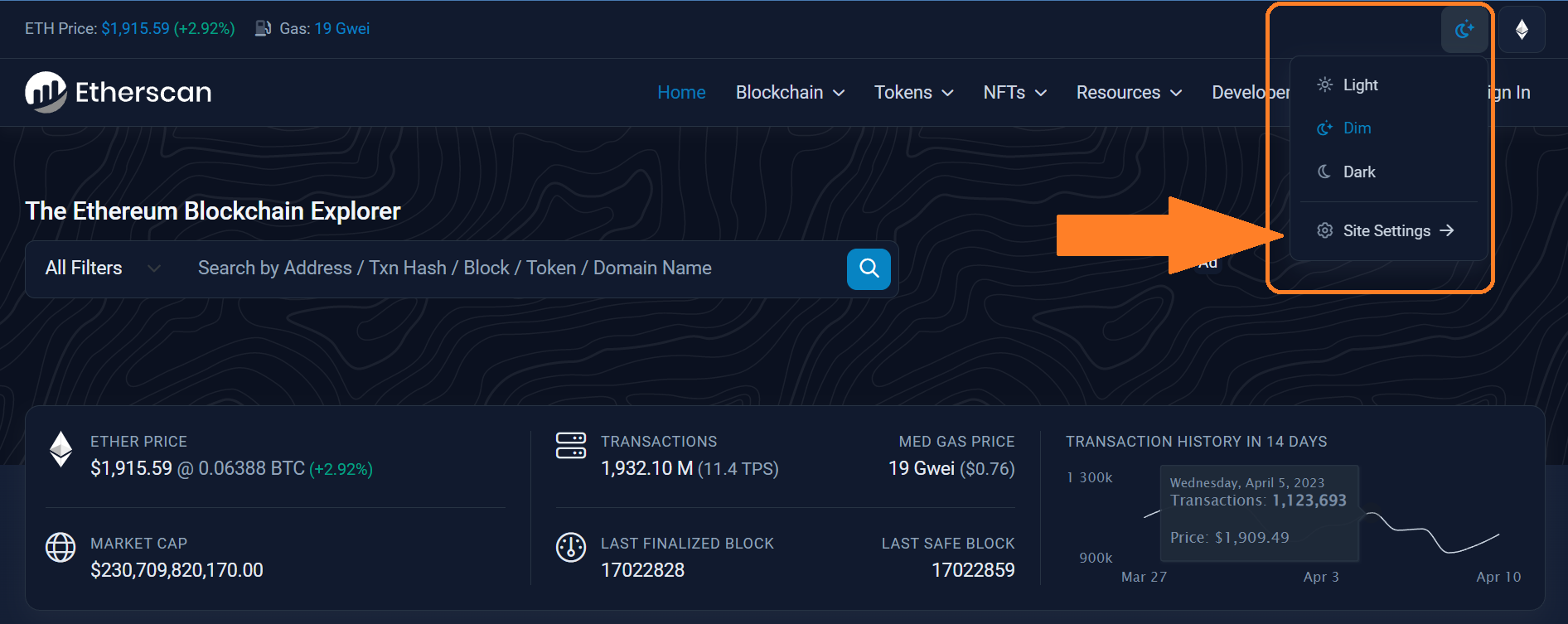 Accès aux paramètres d'Etherscan