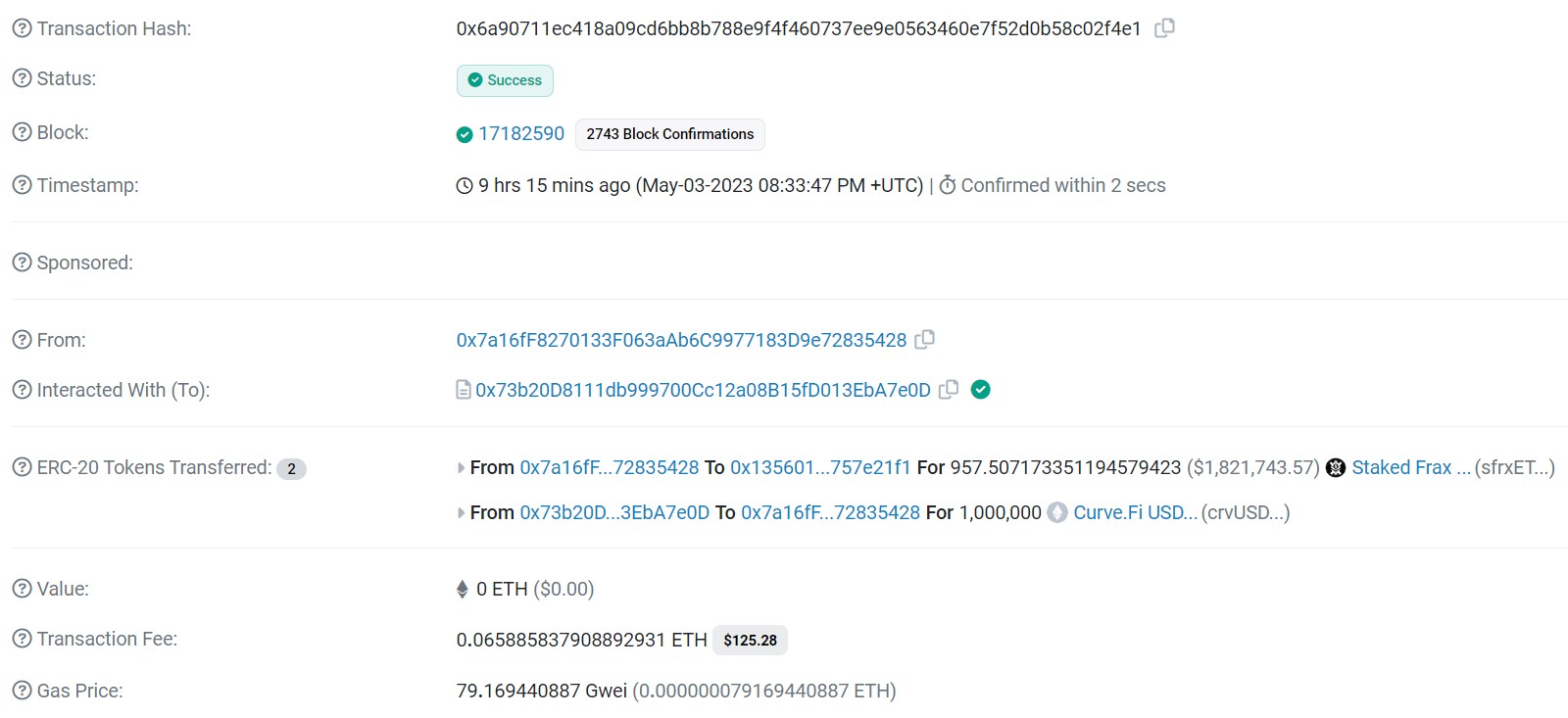 Emprunt d'un million de crvUSD contre du Staked Frax Ether