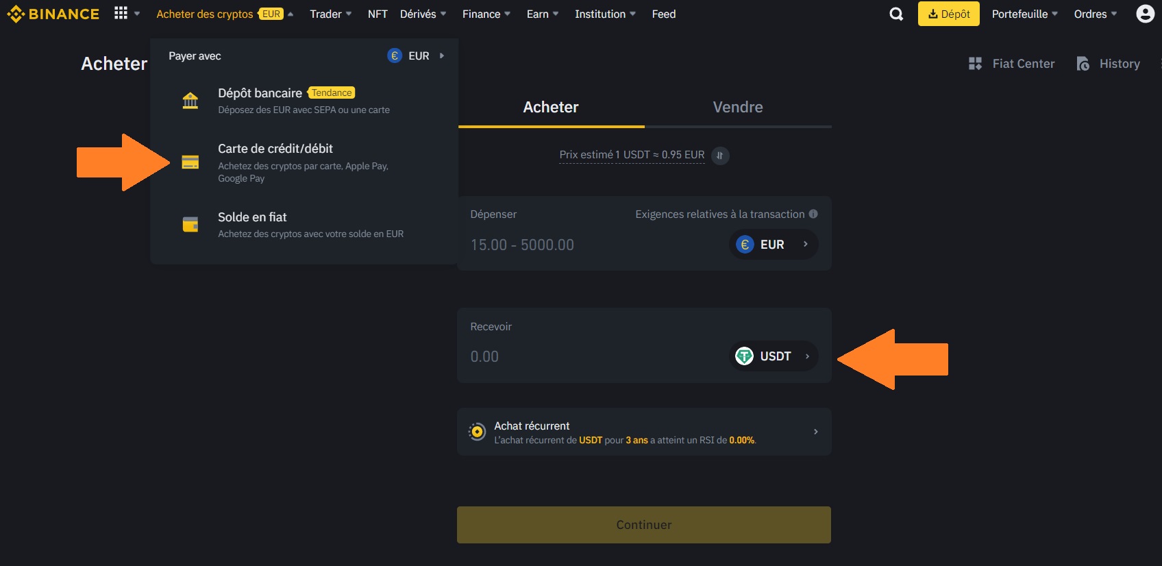 Acheter de l'USDT par carte bancaire sur Binance