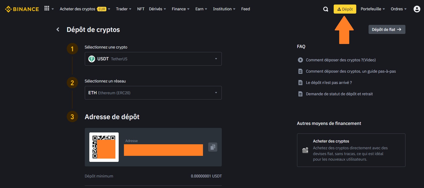 Déposer des USDT sur Binance