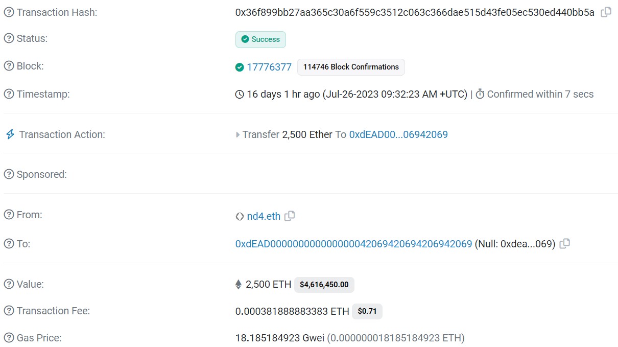 Les 2 500 ETH brûlés par nd4.eth