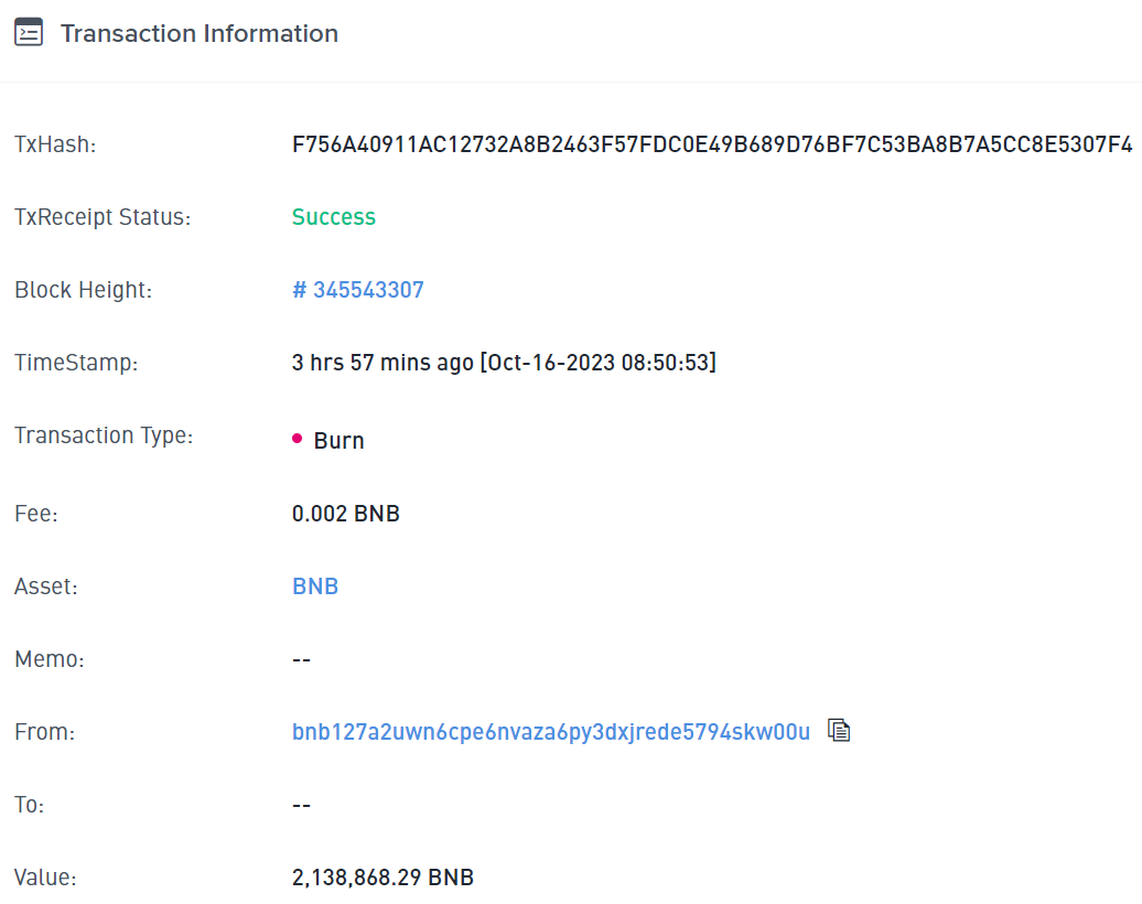 Transaction du 25e burn trimestriel de Binance