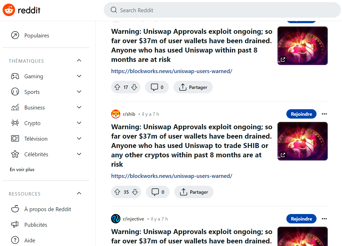 Subreddits frauduleux alertant d'un prétendu hack d'Uniswap