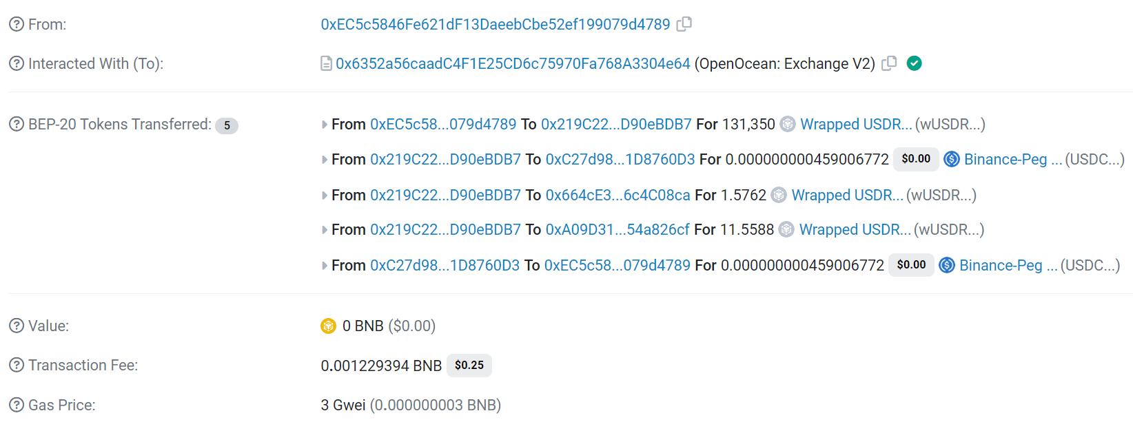 Transaction de wUSDR contre de l'USDC