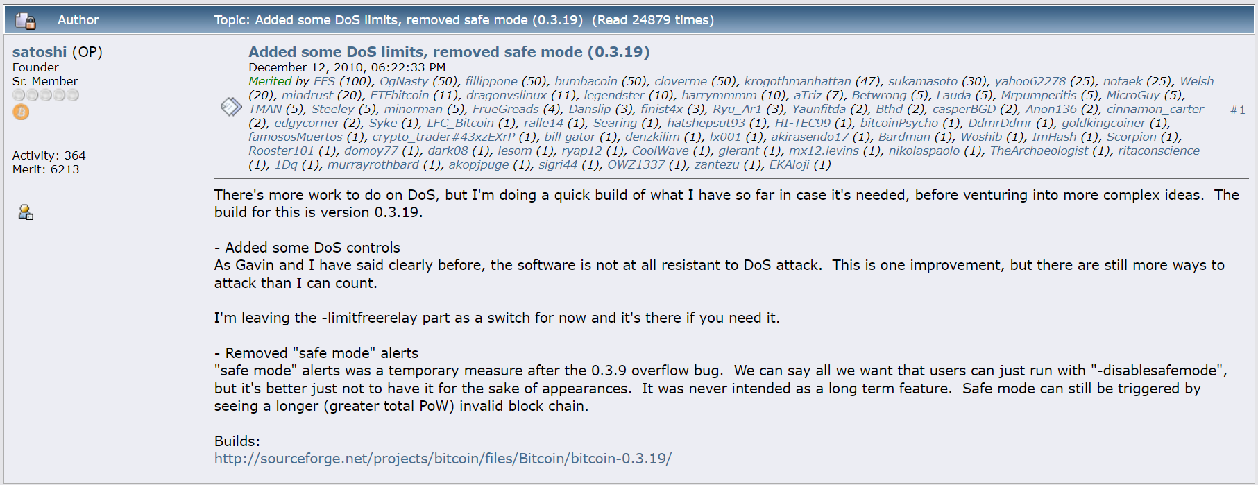 Dernier message de Satoshi Nakamoto sur le forum Bitcoin Talk