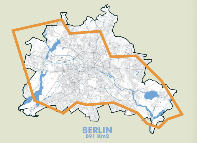 Illustration comparant la surface souhaitée pour la citadelle et la superficie de la ville de Berlin