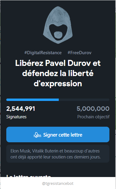 Nombre signataires petition libération Pavel Durov