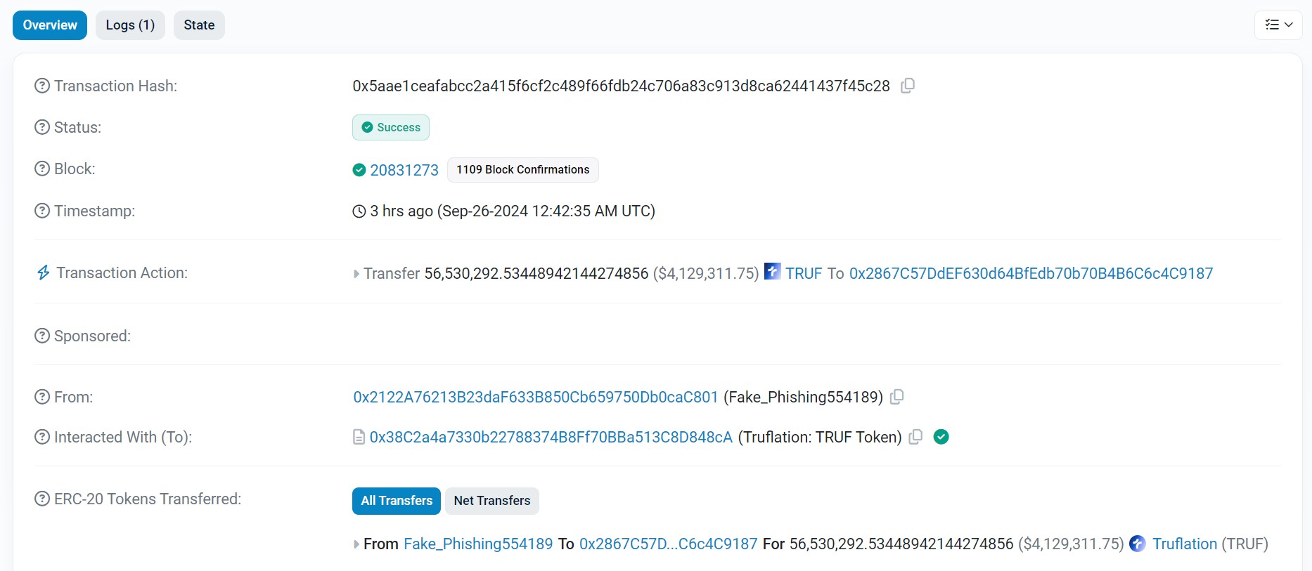 Transfert de tokens TRUF suite au hack de Truflation