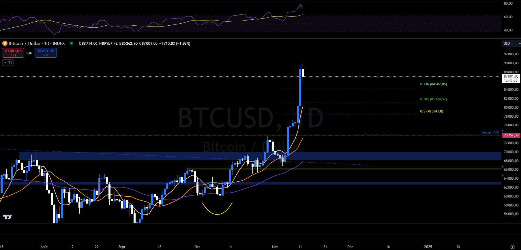 Bitcoin en journalier contre le dollars