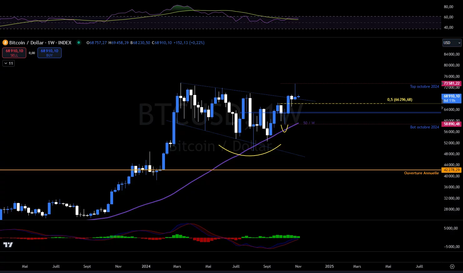 Bitcoin en hebdomadaire contre le dollars