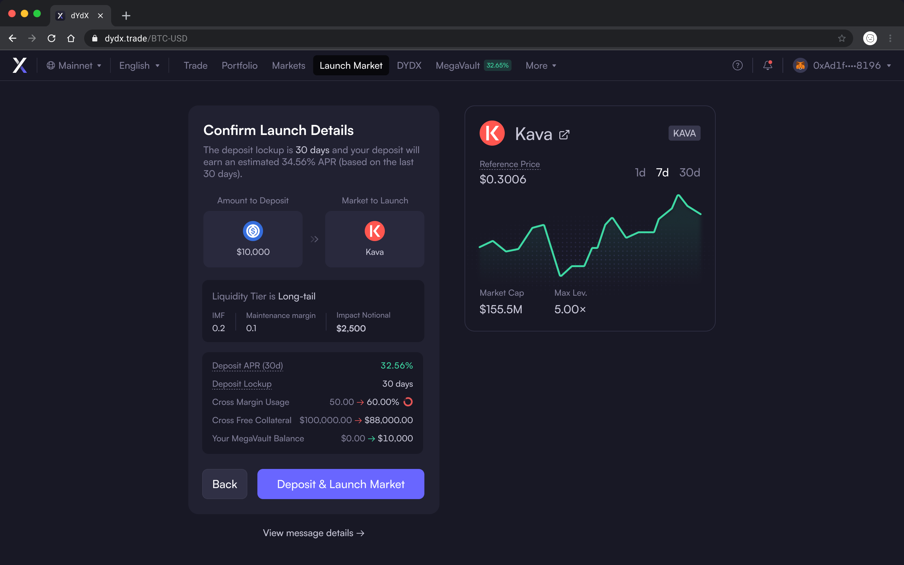 confirmation de lancement d'un marché sur dYdX