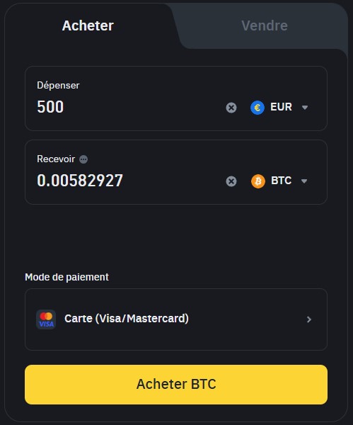 Achat Bitcoin Binance