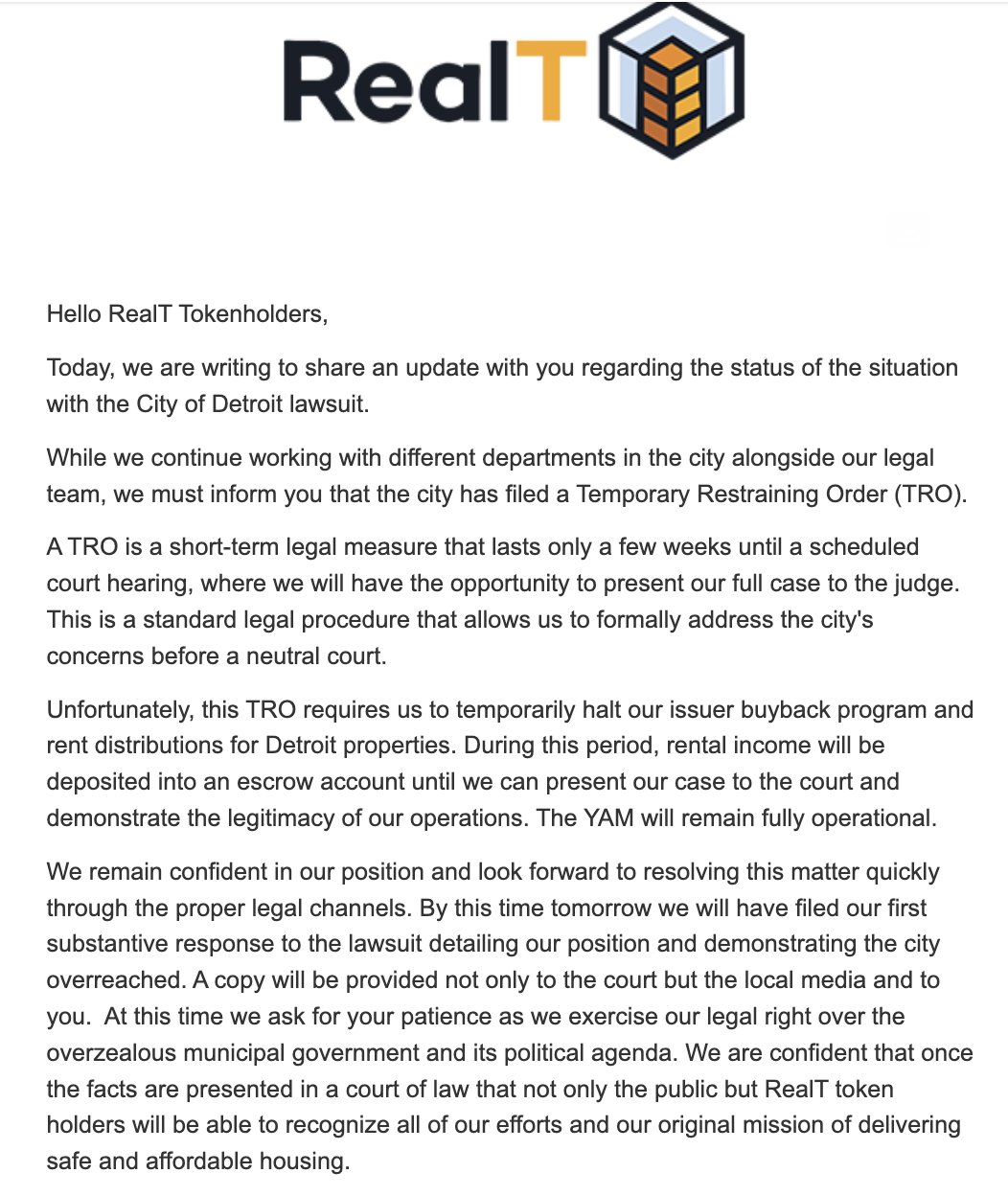 RealT sous le coup d'une ordonnance de restriction temporaire de la ville de Détroit