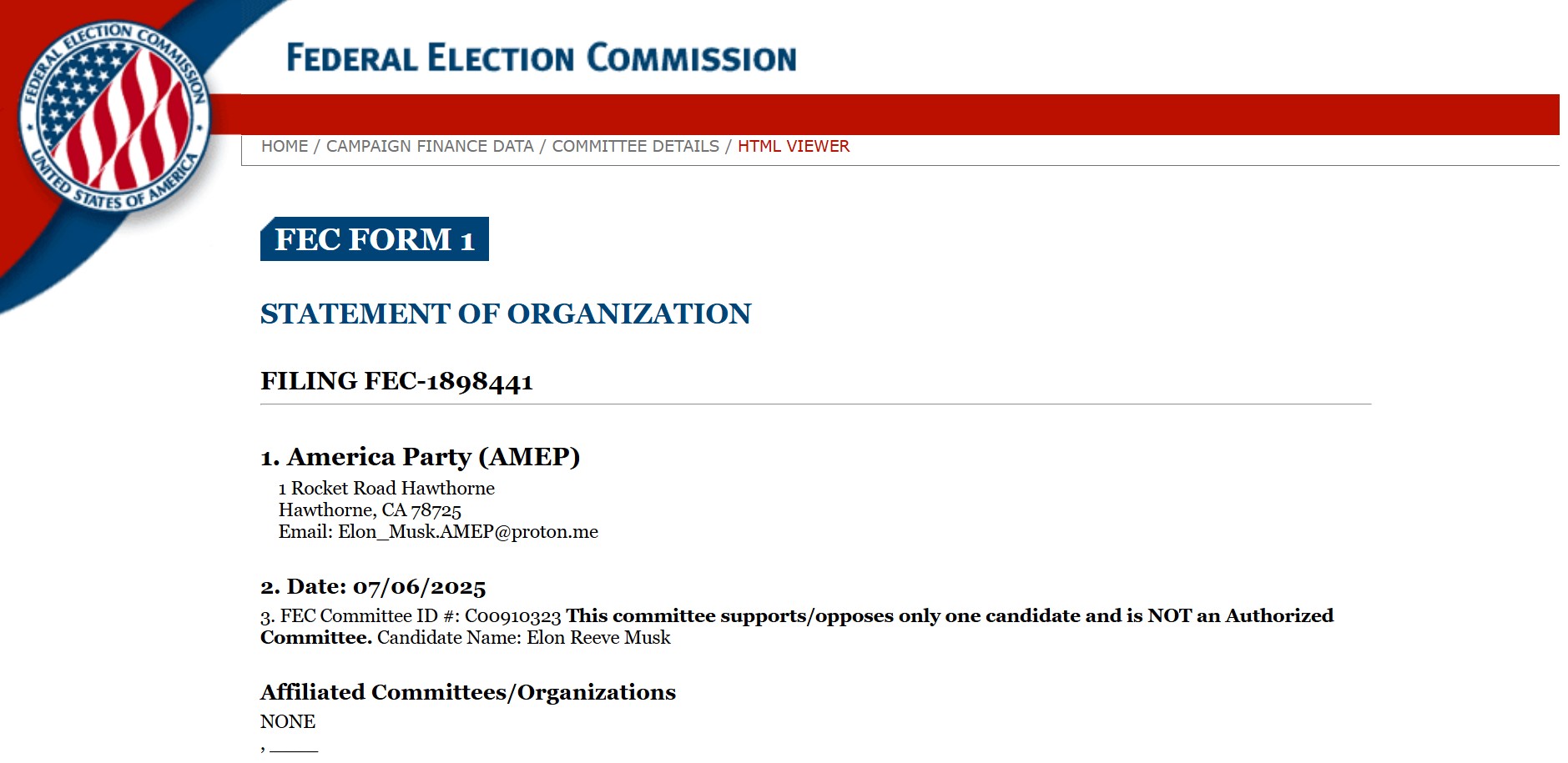 Enregistrement de l'America Party auprès de la FEC