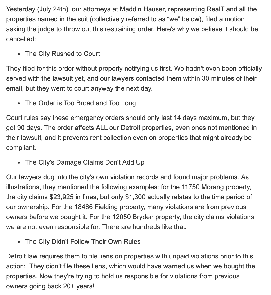 RealT organise sa défense face au procès de la ville de Détroit