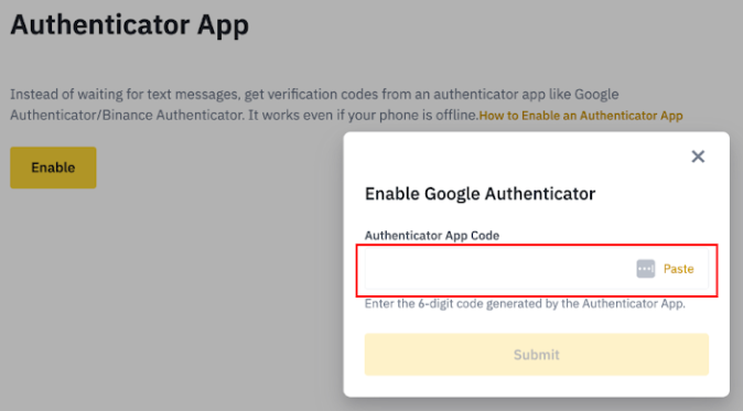 Confirmation du 2FA sur Binance
