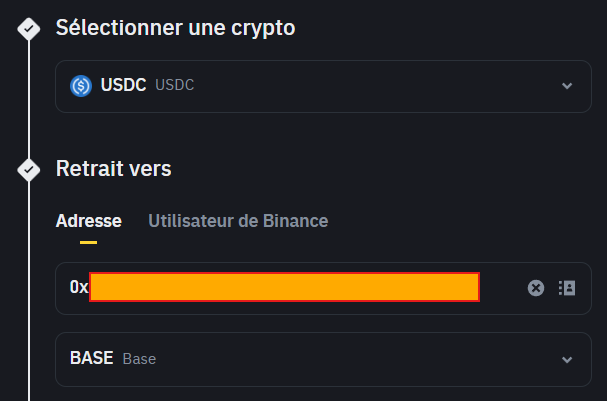 Adresse et réseau pour retirer des USDC de Binance
