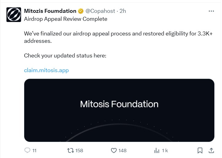 Message frauduleux d'un faux compte Mitosis