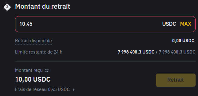 Montant Retrait USDC Binance