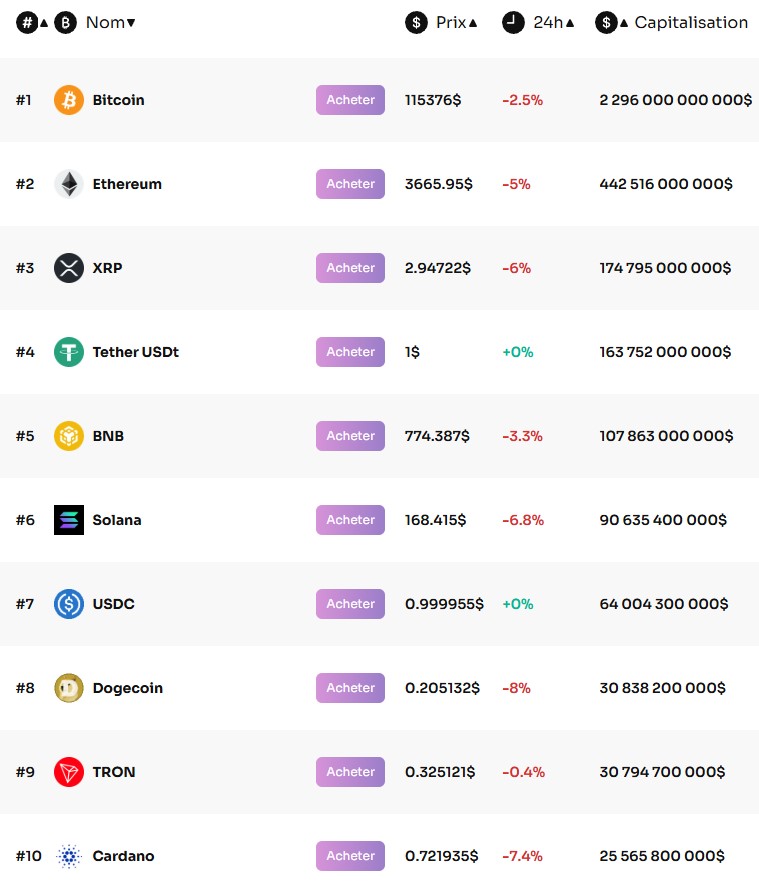 Performances du top 10 du marché crypto