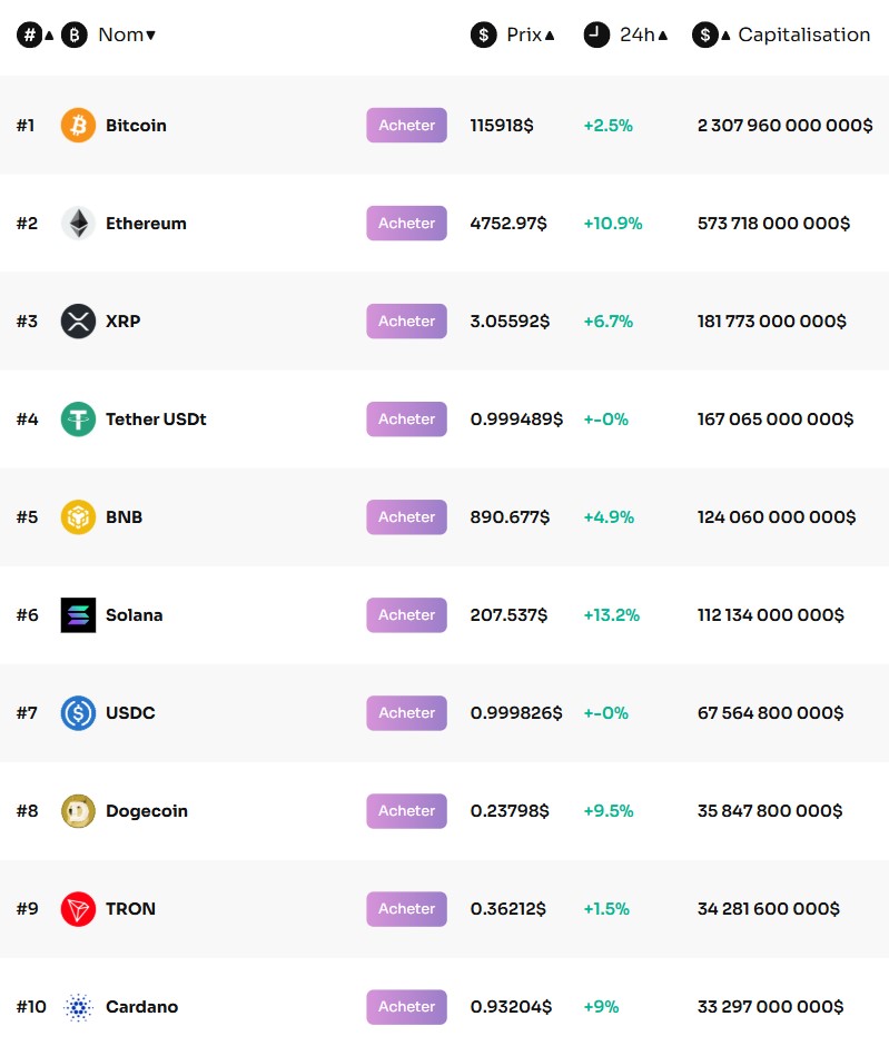 Top 10 des cryptomonnaies