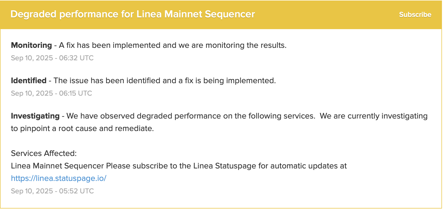 La blockchain Linea cesse de produire des blocs pendant 40 minutes La blockchain Linea cesse de produire des blocs pendant 40 minutes