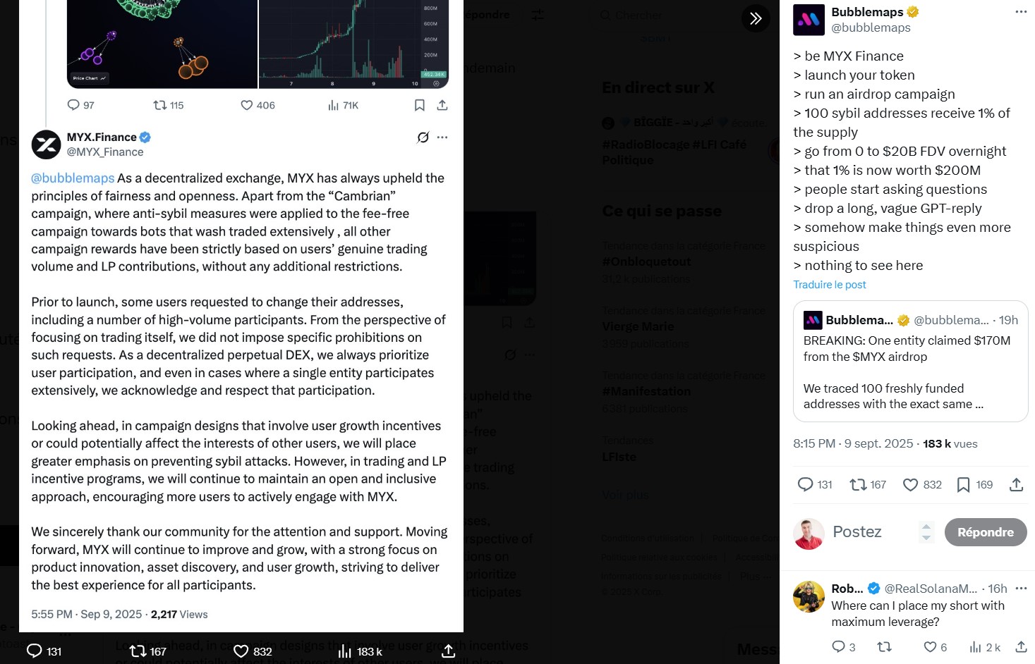 Message de Bubblemaps au sujet de MYX.Finance