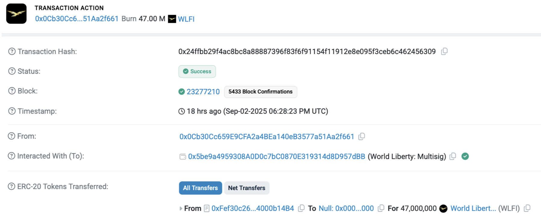 World Liberty Financial burn 47 millions de tokens WLFI World Liberty Financial burn 47 millions de tokens WLFI