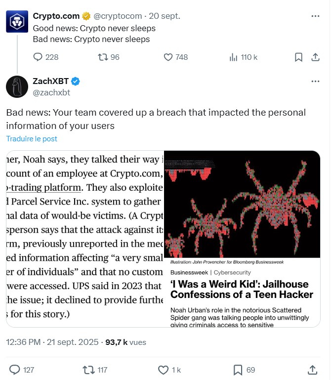 Réponse de ZachXBT au tweet de Crypto.com Réponse de ZachXBT au tweet de Crypto.com