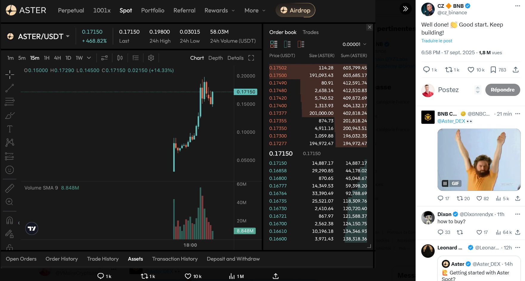 Tweet de Changpeng Zhao au sujet d'Aster Tweet de Changpeng Zhao au sujet d'Aster