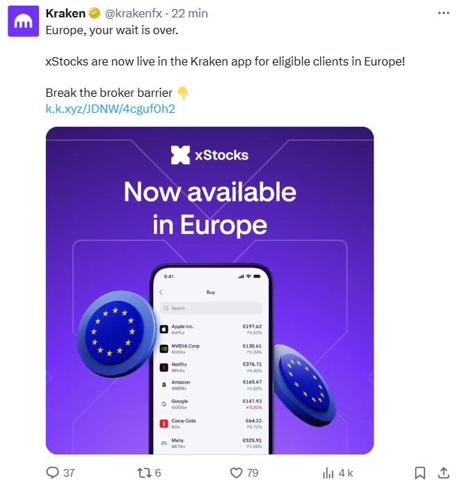 Annonce de Kraken concernant l'arrivée de xStocks en Europe Annonce de Kraken concernant l'arrivée de xStocks en Europe