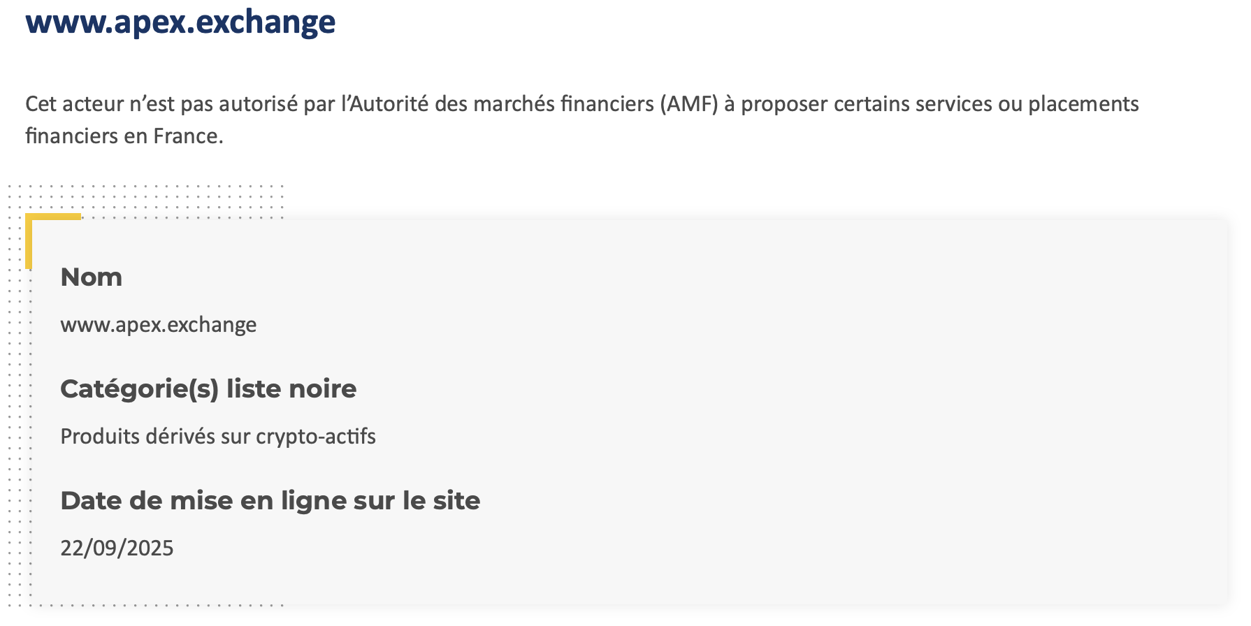 L'AMF ajoute le DEX APEX Exchange à sa liste noire L'AMF ajoute le DEX APEX Exchange à sa liste noire