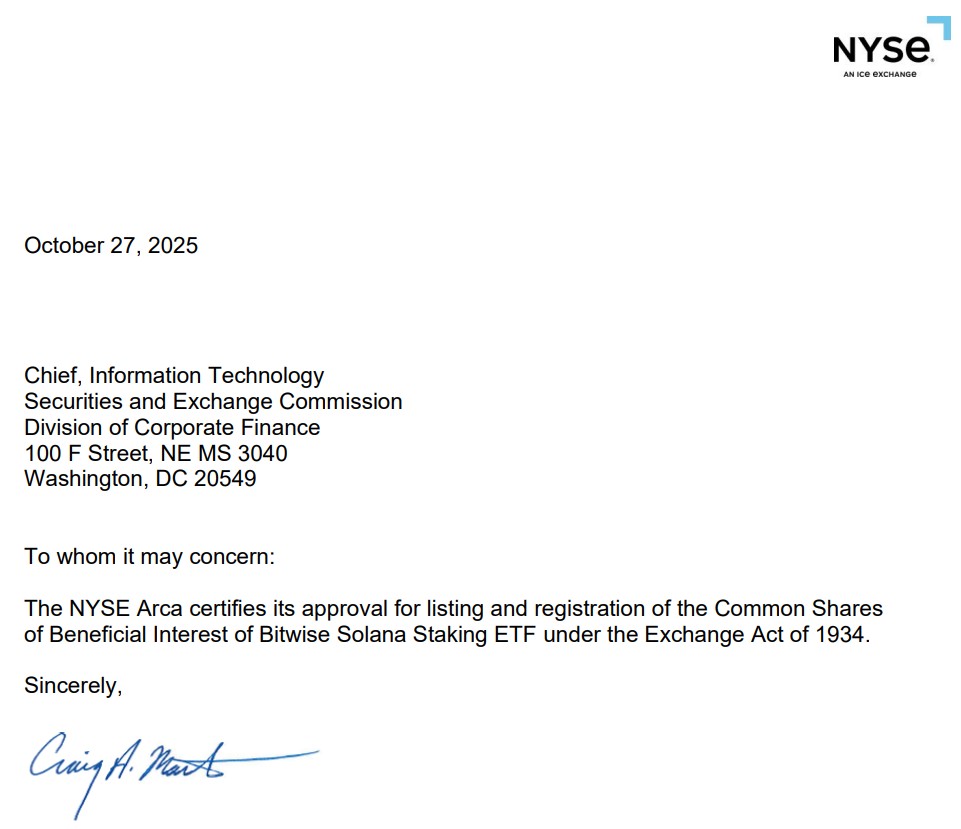 Certification pour le listing du BSOL au NYSE Arca