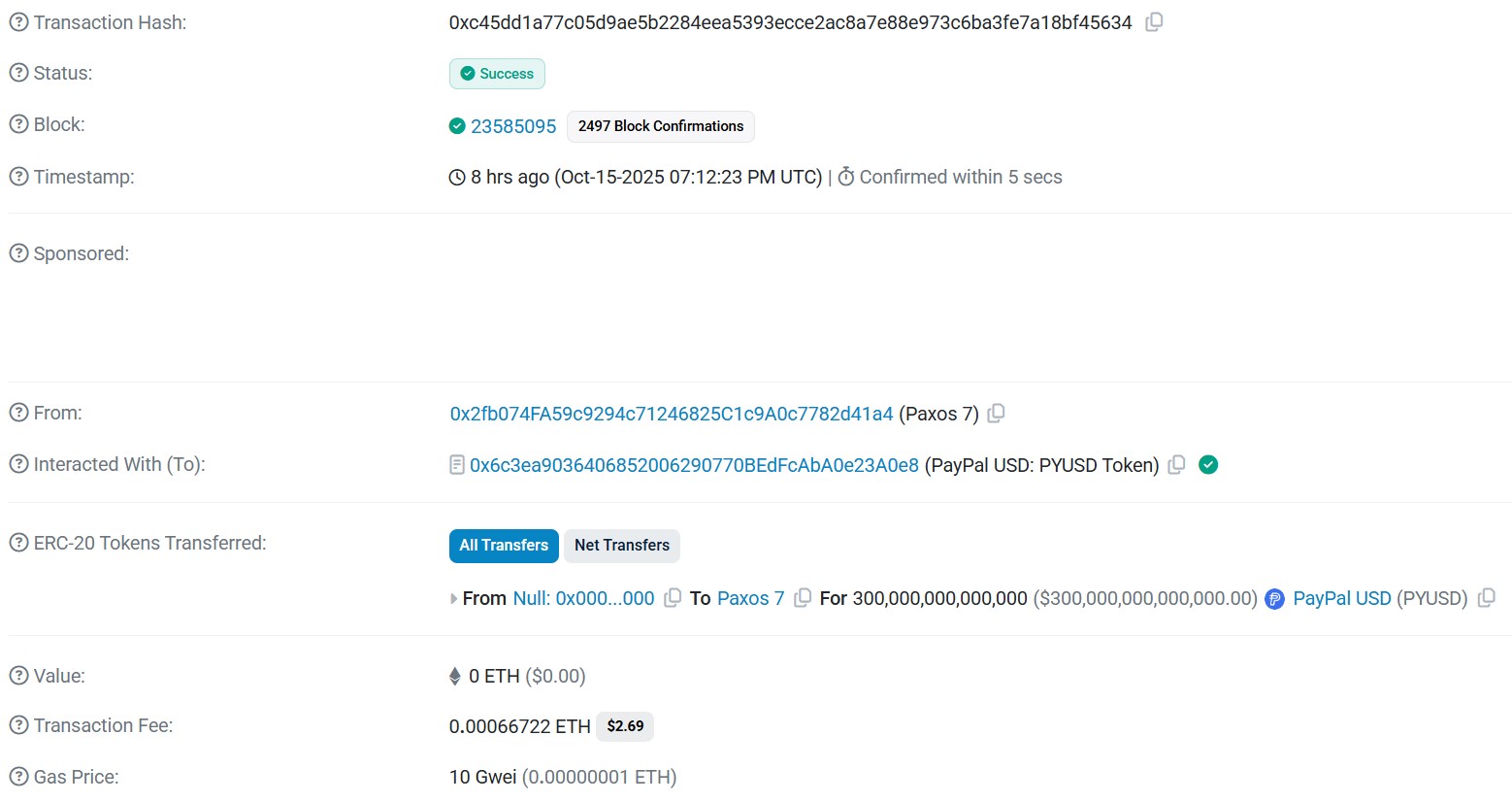 Transaction des PYUSD émis par erreur